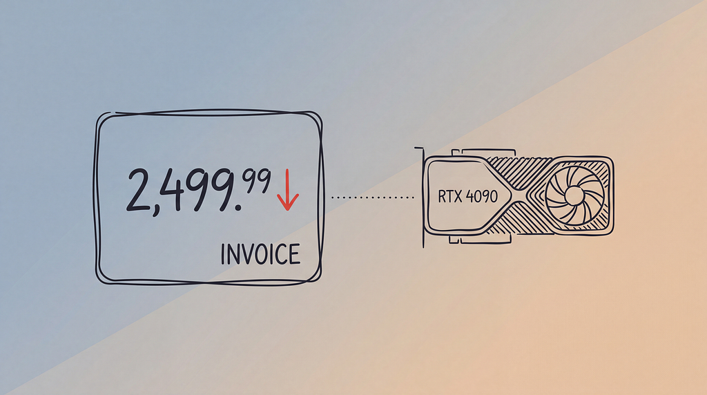 A scribble-style invoice with a high price linked by a dotted line to an RTX 4090