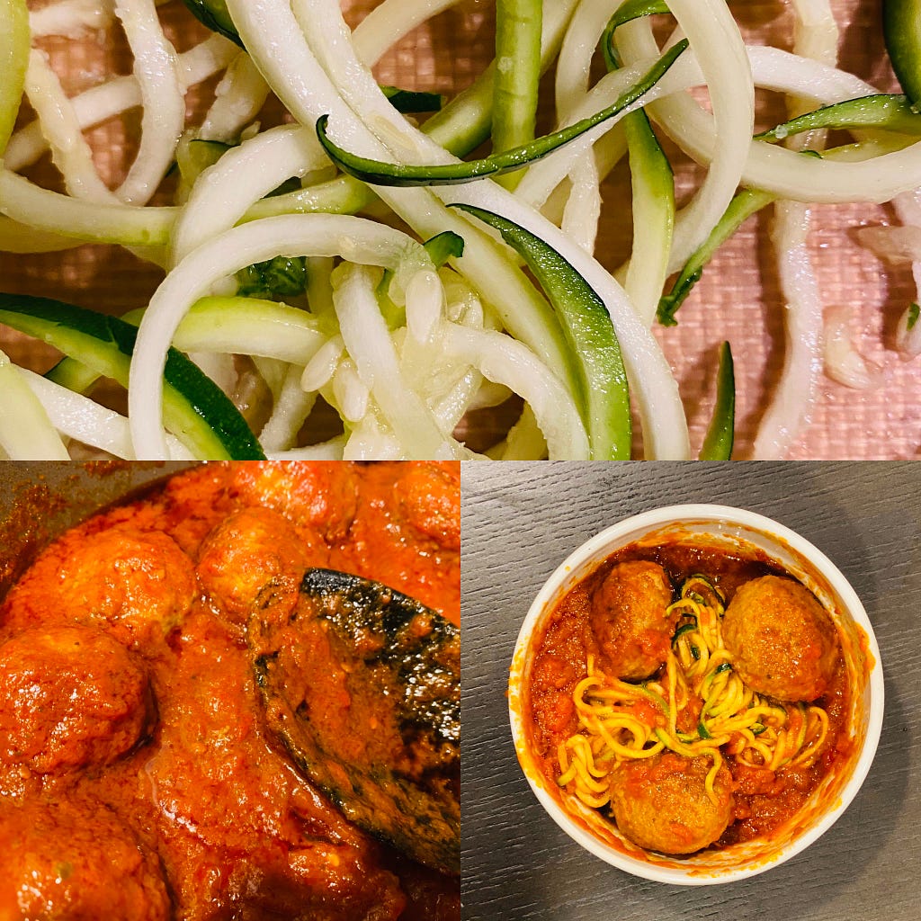 Three pictures. Raw zuccini noodles (top). Meatballs (bottom-left). Cooked zuccini noodles with meatballs (bottom-right).
