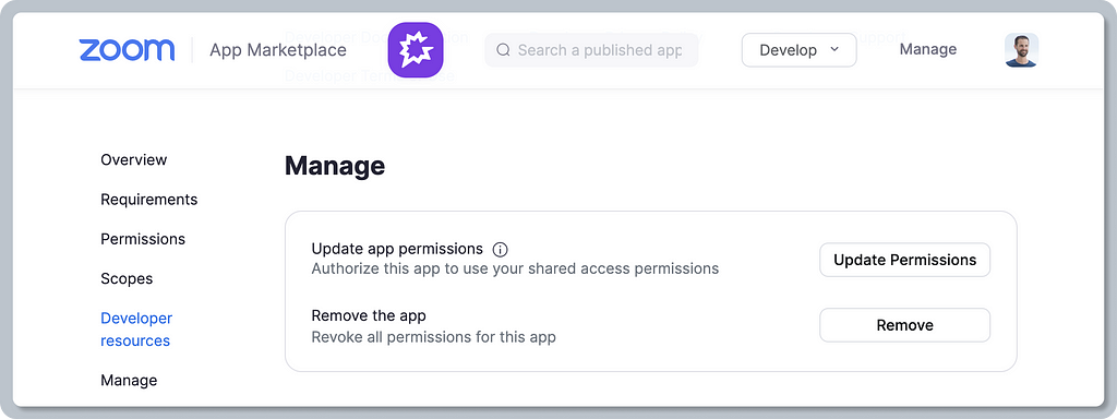 A screenshot of Gong’s app detail in the Zoom Marketplace showing an example of contextual manage actions when the user is logged in. Those actions are “Update app permissions,” or “Remove the app”.