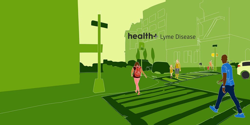 Illustration of people crossing a crosswalk in a city. At the center is the title “health+ Lyme Disease.”