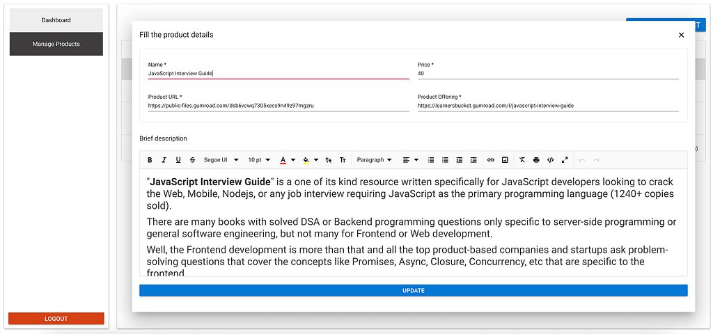 Editing a product in a React e-commerce app