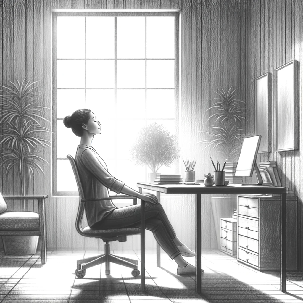Mindful person in serene office.