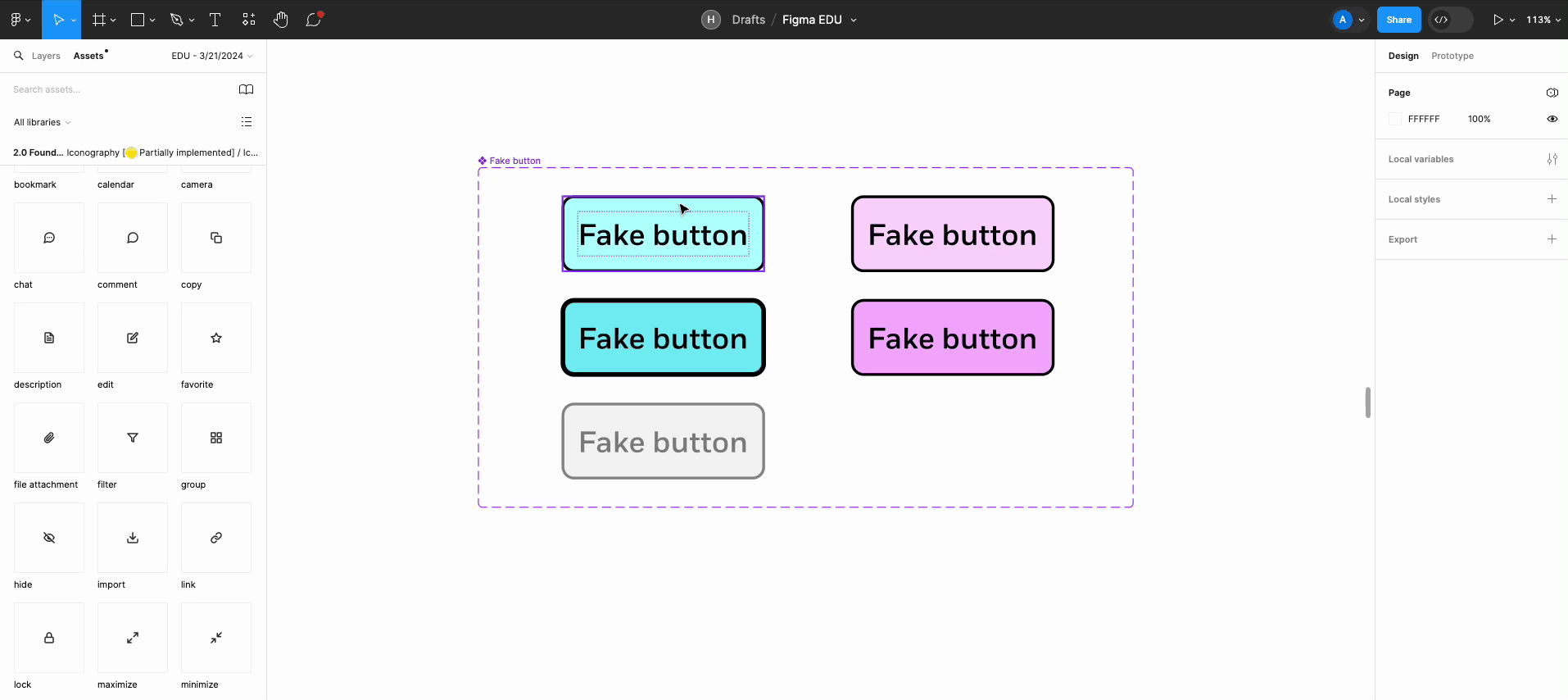 Shows selecting a variant in a component set in Figma will allow you to click on the ‘Multi-edit variants’ tool in the top-middle toolbar to make updates to all variant’s padding and adding an icon to the left-side