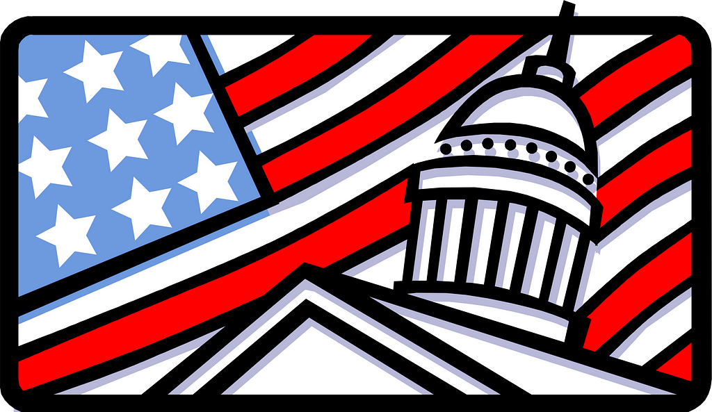 A red, white, blue, and black graphic shows a building with a capitol dome imposed over a partial view of a United States flag with its stars and stripes.