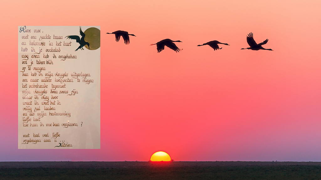 Birds flying with a sunset and pink sky in the background and a poem