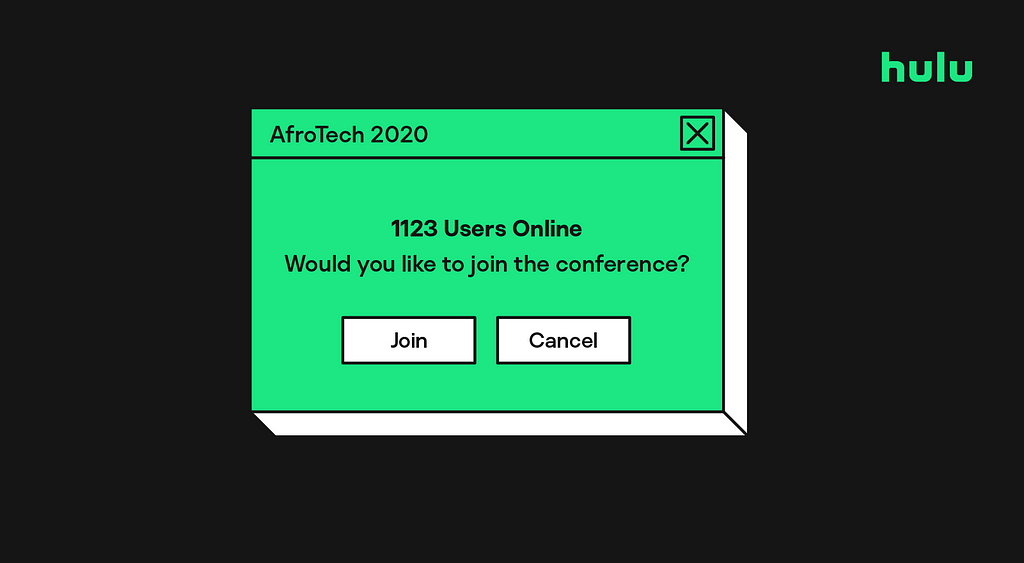 Black, white, and green computer notification that says “AfroTech 2020, 1123 Users Online.”