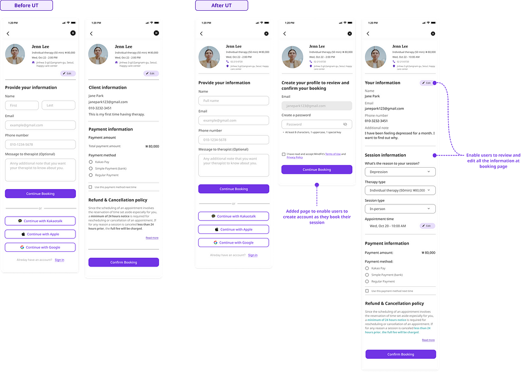 Shows difference in booking page before and after usability test