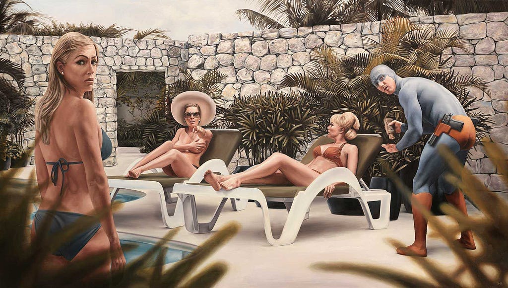 Oil painting of aging super hero caught in the act of helping three vacationing ladies apply sunscreen.