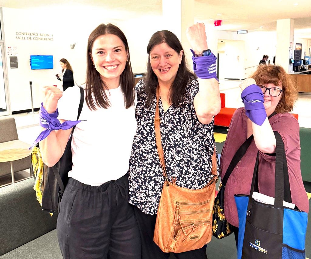 A photo of the members of the legal capacity cohort. From left to right: Elizabeth, Tia, and Diana. All three women are smiling and raising their fists with a purple bandana with WEI’s logo.
