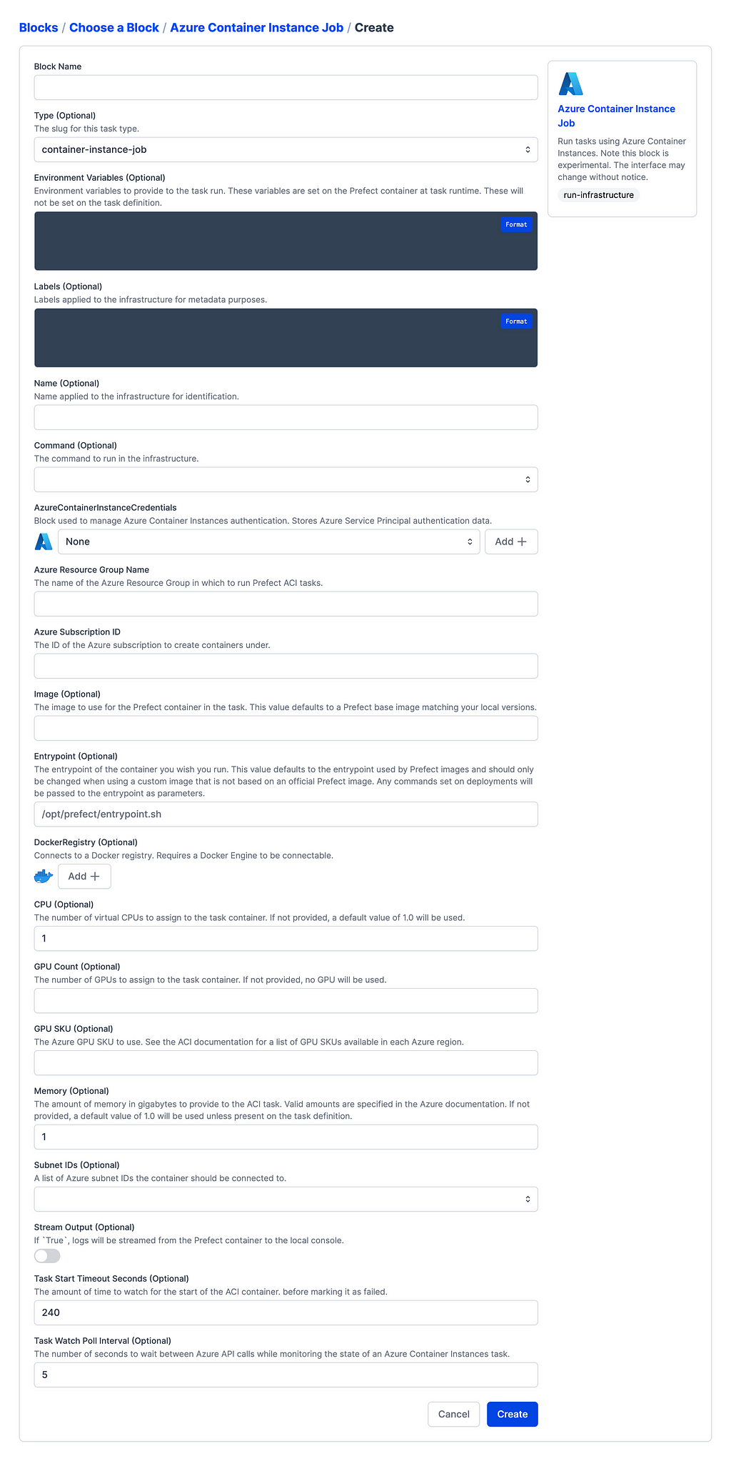 A screenshot of the edit form for the Azure Container Instance Job block