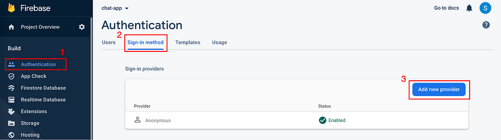 Steps to enable authentication in Firebase.