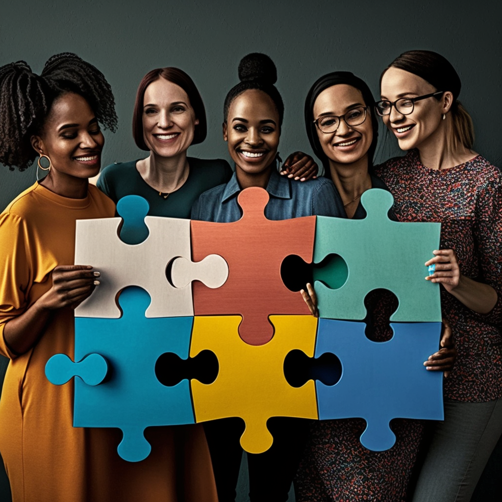 A diverse group of women holding pieces of colourful puzzles — the visual representation of Equality Identity Hub.