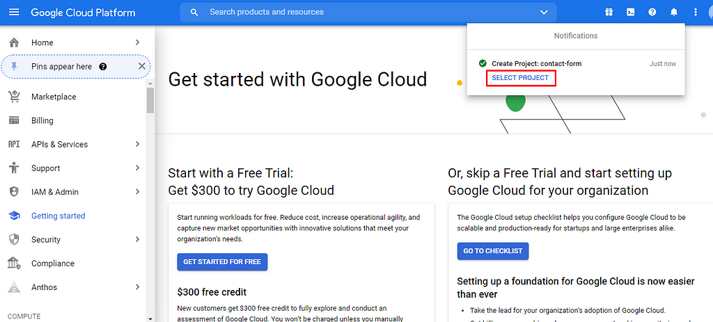 Google Cloud screen with Select Project button