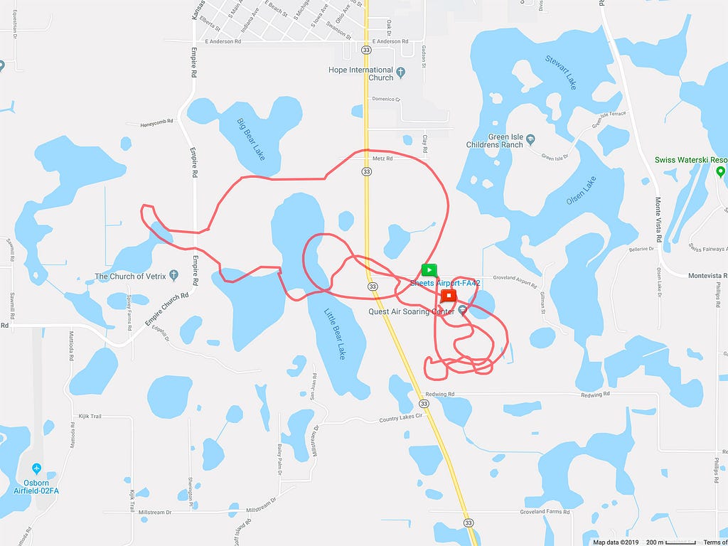 Screenshot of a red line in a loopy pattern overlayed on a map of the ground