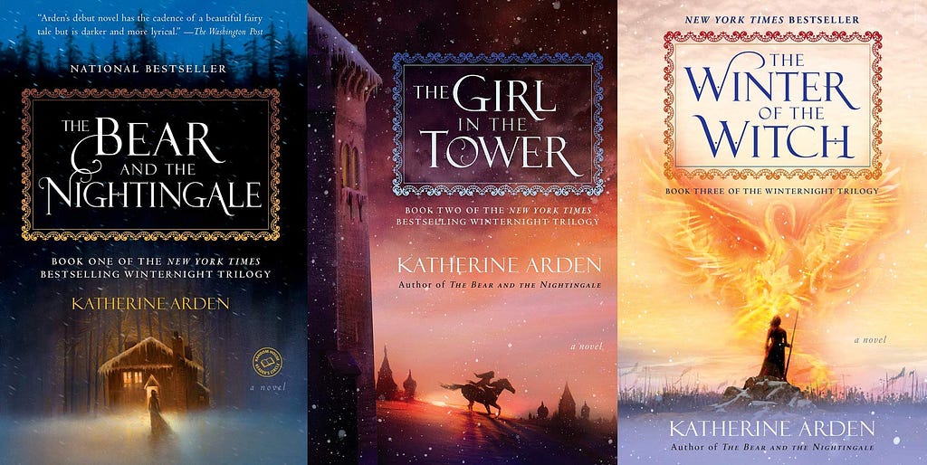 The three covers of the Winternight Trilogy by Katherine Arden. From left to right: The Bear and the Nightingale, The Girl in the Tower and The Winter of the Witch.