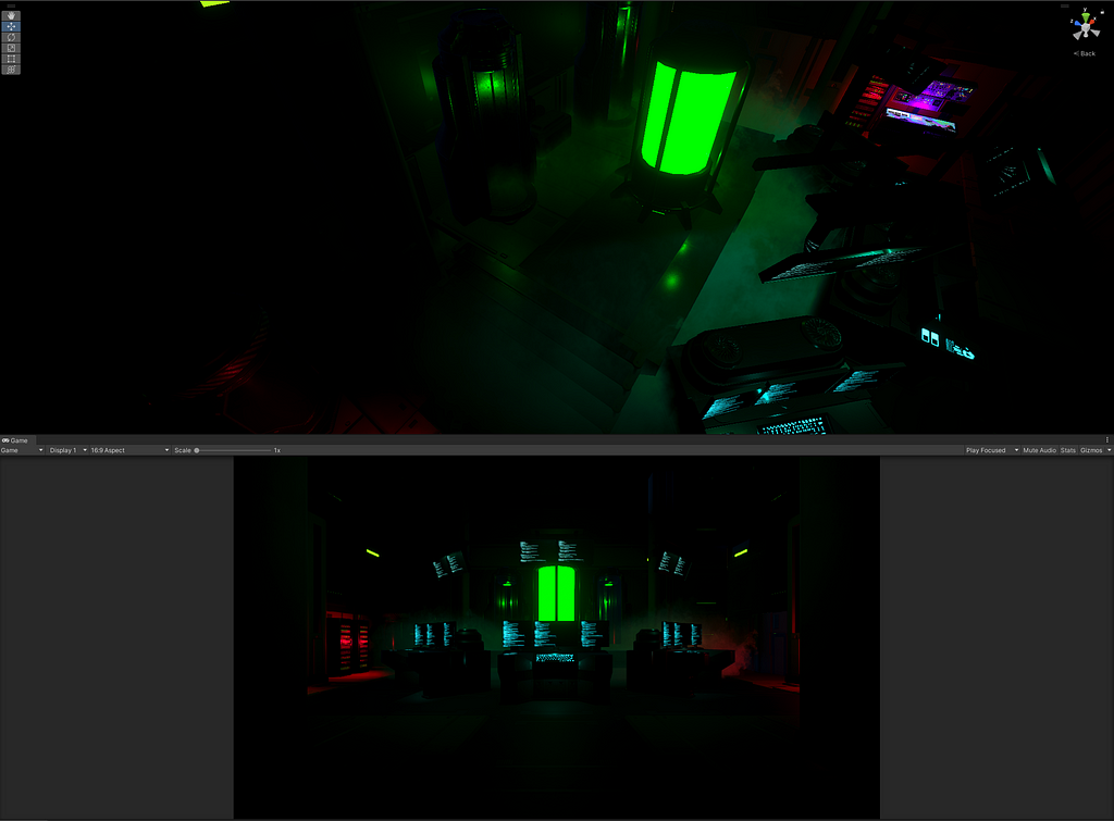 Game scene with added fog, emission textures and lights to light up a dark room.