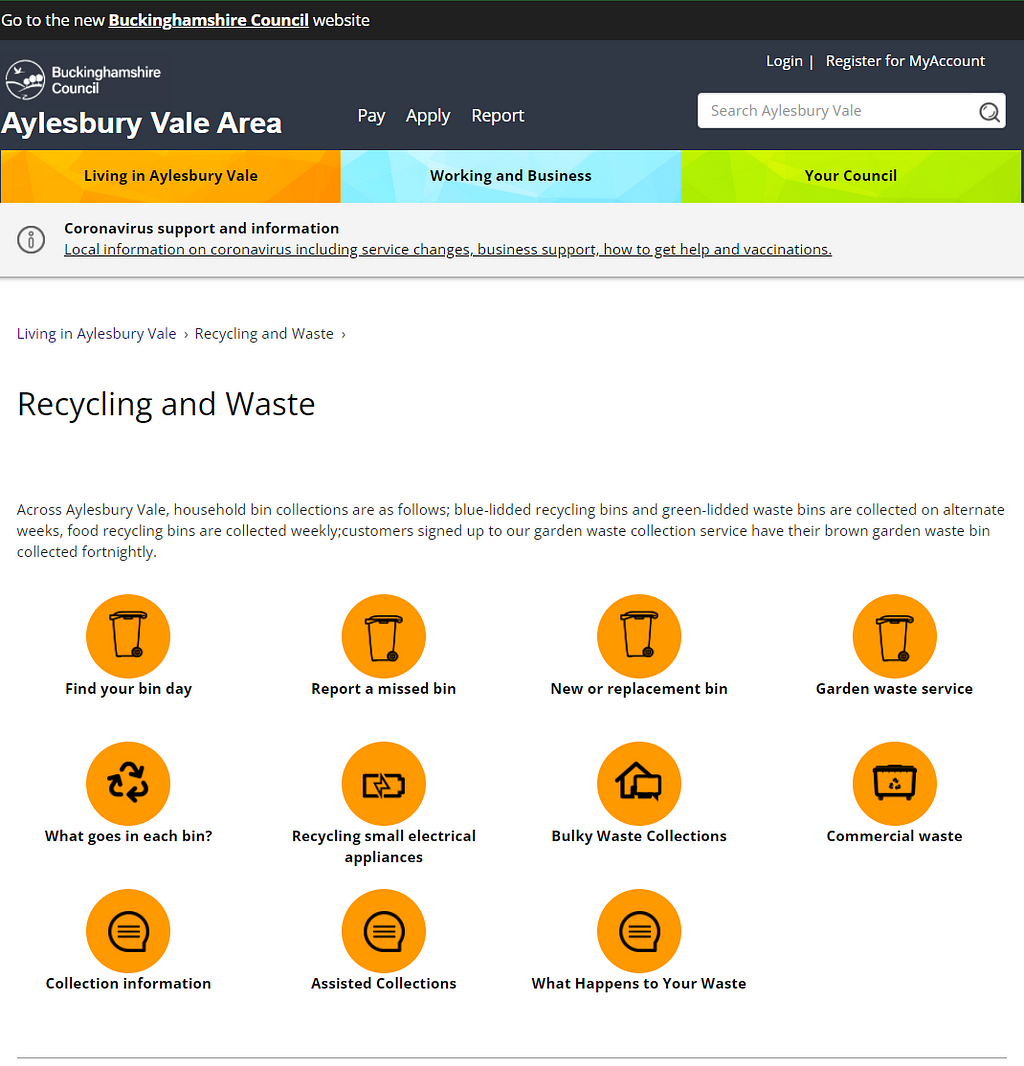 Screen grab of the Aylesbury Vale District Council recycling and Waste page