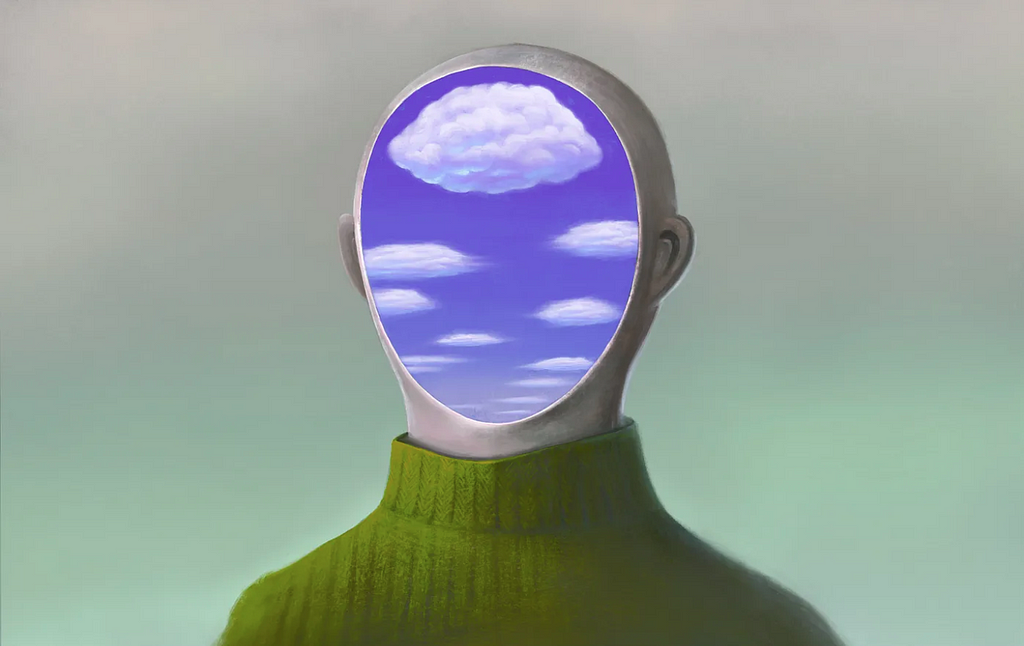 A surrealist image of a person whose face is overlaid with a head-shaped image of clouds in the sky.