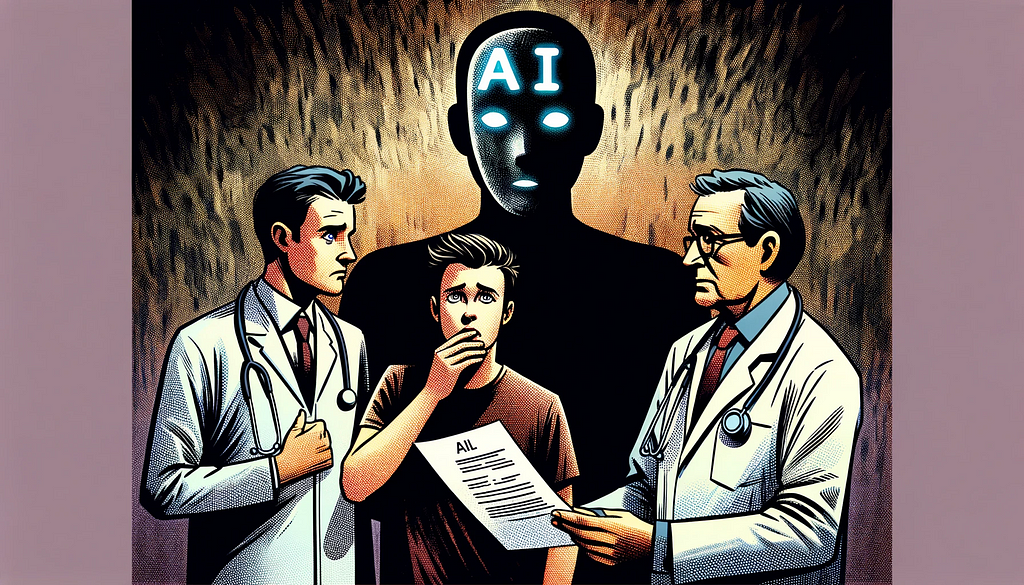 A concerned patient holding a piece of paper with AI-generated medical advice, standing between a reliable doctor and a shadowy figure of AI technology.