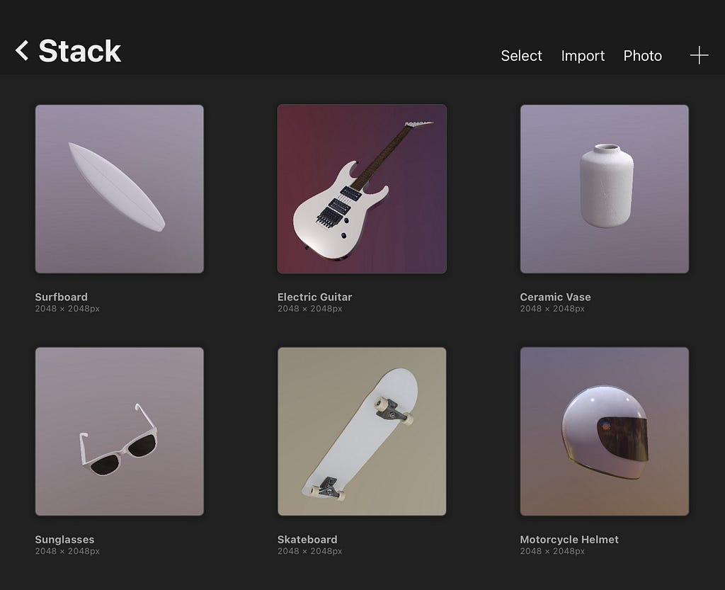 A screenshot of a stack of a 3D Model templates provided by Procreate. The templates include: surfboard, electric guitar, ceramic vase, sunglasses, and motorcycle helmet.