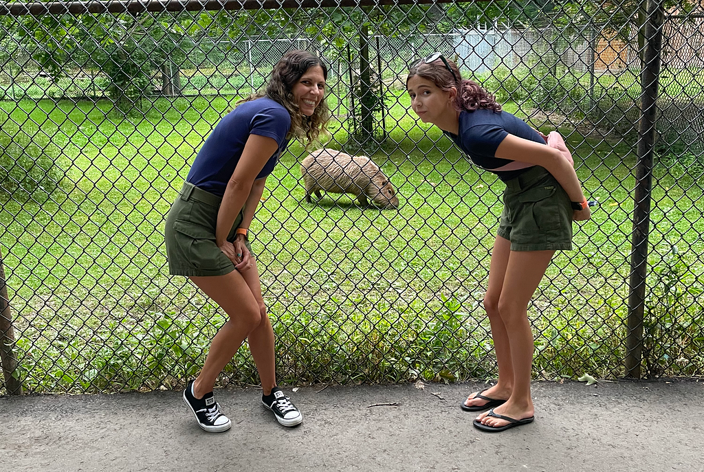 Mom and daughter wearing matching navy blue tops and forest green shorts posing with a capybara behind the fence