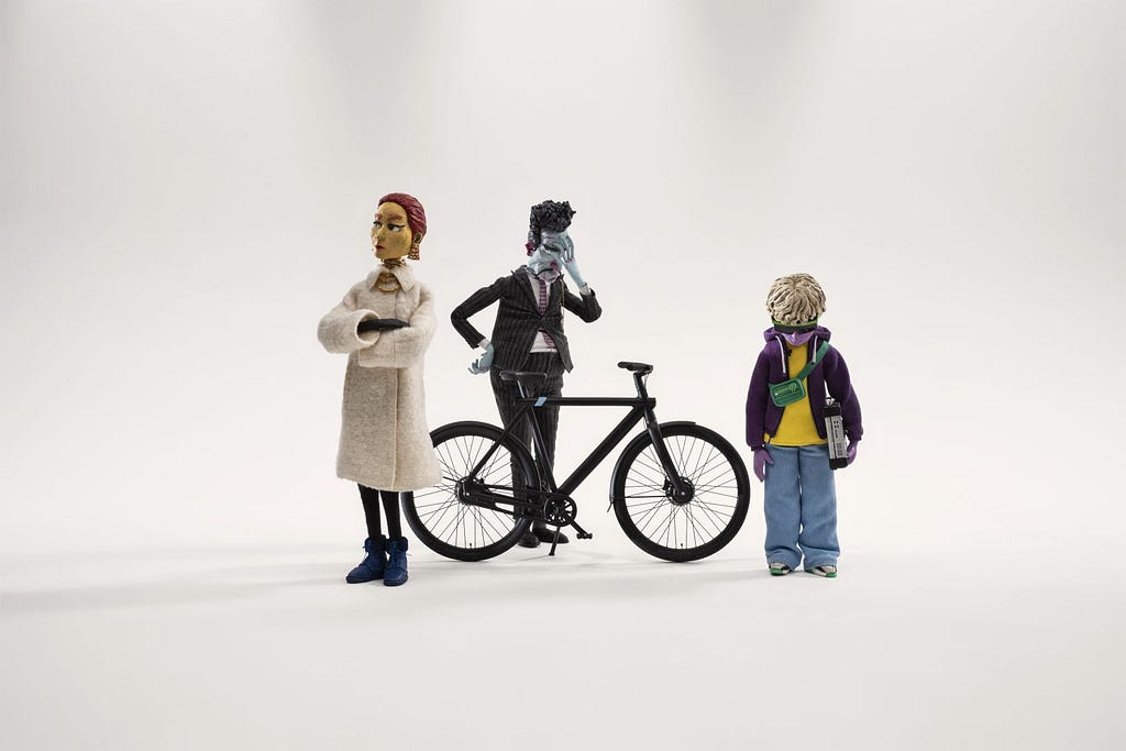 scene from an advert for Dutch e-bike company VanMoof, featuring stop-motion animations
