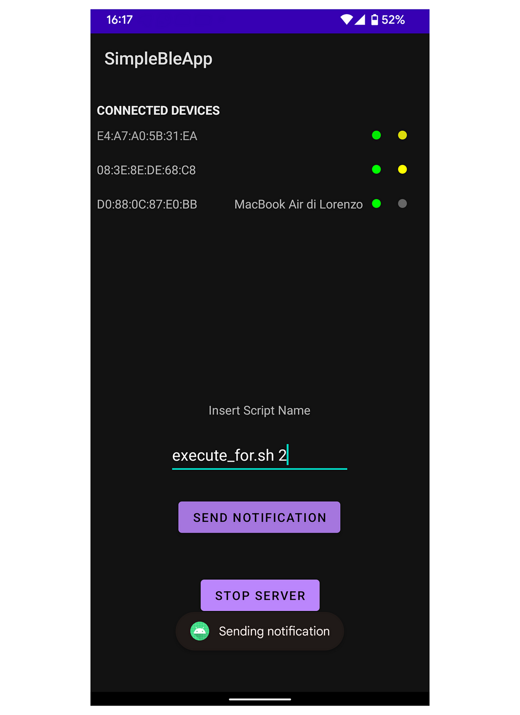 Screenshot of the Android app UI, showing 3 connected devices, two of which are executing an operation and the other one not yet