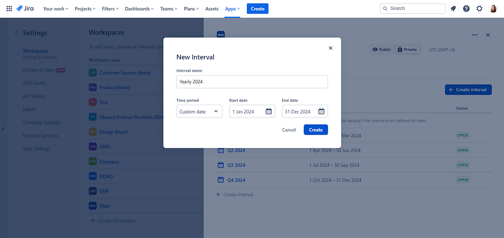 Create OKR Workspaces and set up OKR Intervals in Jira