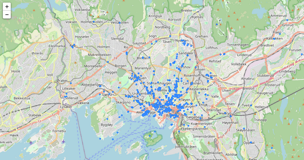 A map of plotted restaurant data