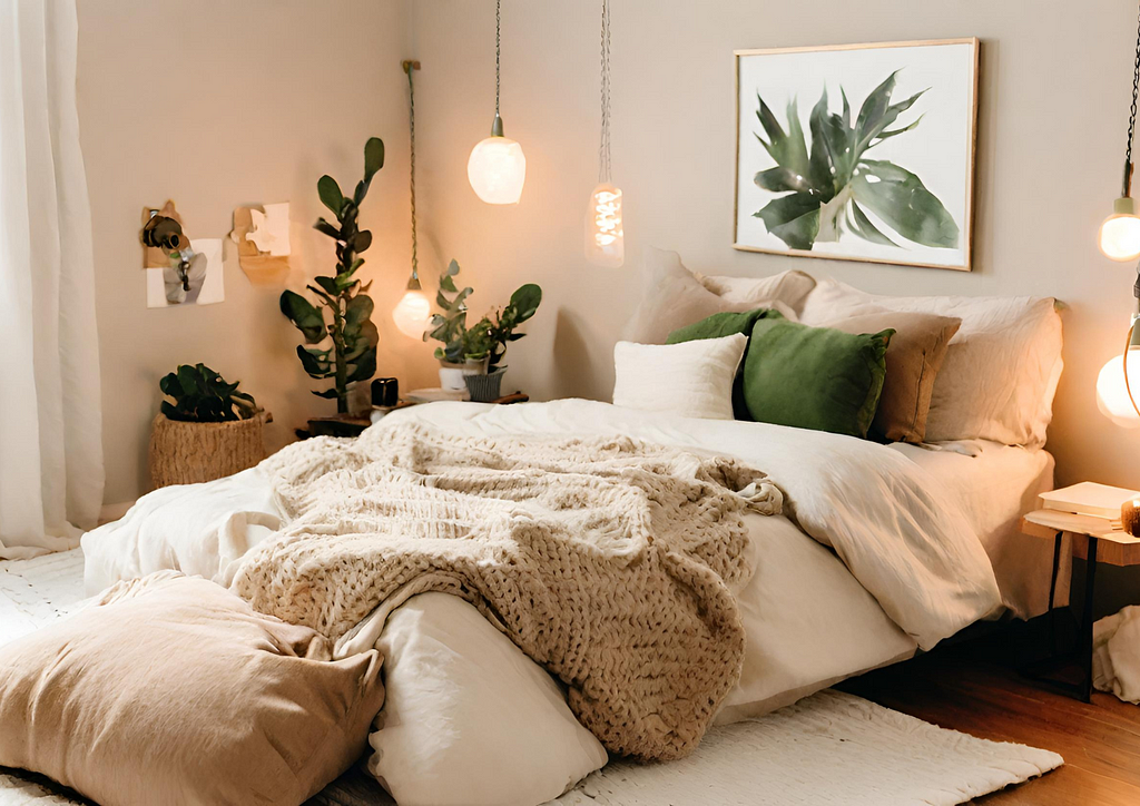 cozy master bedroom adorned with earthy tones, layered textures, ambient lighting, minimalist design for enhanced comfort, and personalized decor creating a unique and inviting space.