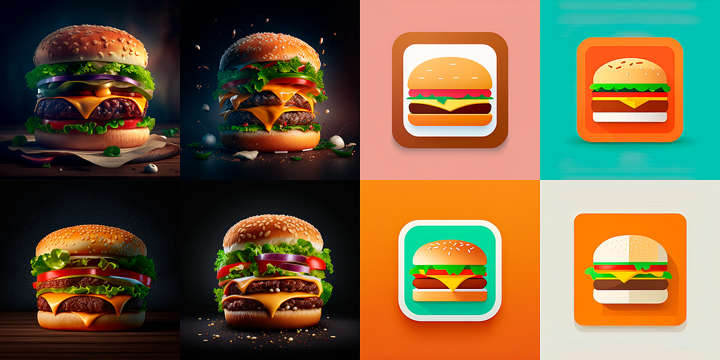 Results from Midjourney’s image showcase four quadrants on the left, featuring photorealistic images of burgers with abundant fillings, set against a dark background. On the right, there are also four quadrants, with backgrounds in pink, turquoise, orange, and gray. However, all four burgers are depicted in minimalist illustrations, presented as logos/icons.