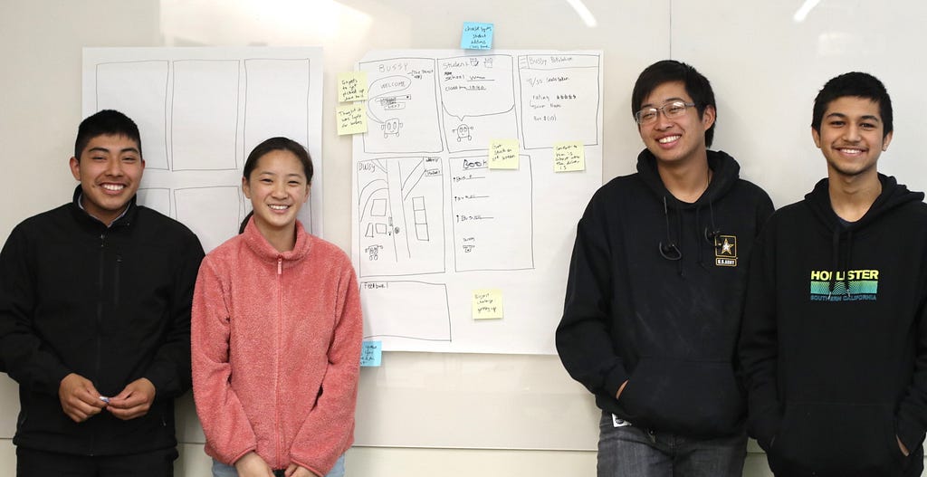 A group of students with their sketches for for their app, “Bussy Schedule.”