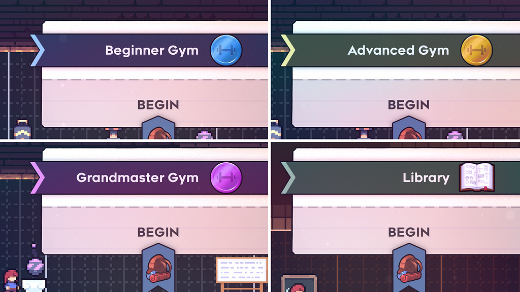 A four-image collage of GUI prompts to enter the Gyms and Library. All the images are nearly identical: the GUI prompt has a ribbon-like banner listing the name of the place the player is entering, along with an icon representing the place. Below, there is an interaction that is labeled BEGIN. The first three icons are blue, yellow, and purple medallions with a barbell insignia on it. The fourth icon is an open book with non-descript writing and diagrams. There is a red bookmark jutting out.