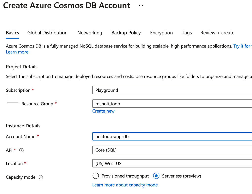 Create Cosmos DB Account Azure Portal Screenshot with Serverless Consumption Plan selected.