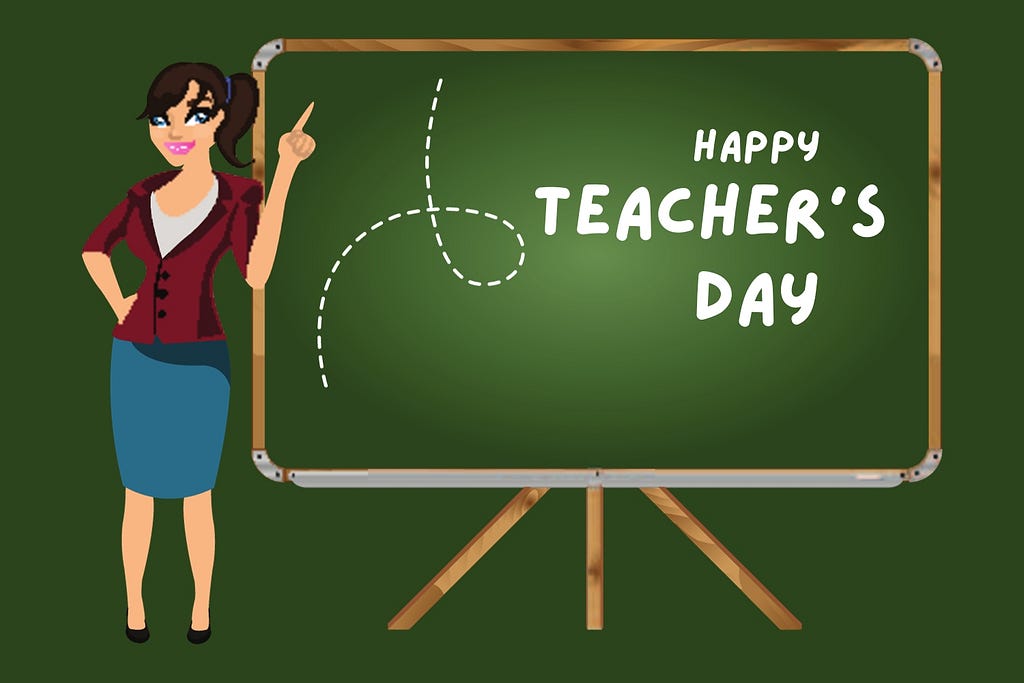 A smiling teacher on the left, and on the right, the text ‘Happy Teacher’s Day’ in an elegant font