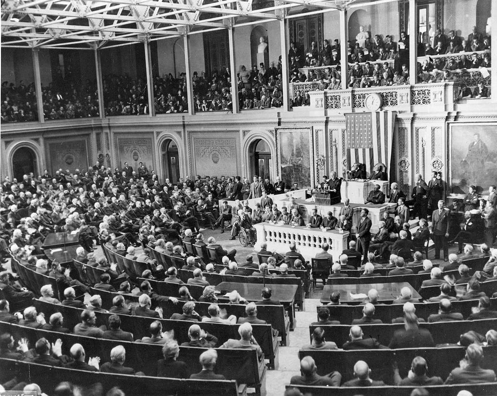 A photo of President Franklin Delano Roosevelt addressing Congress in the House Chamber in 1941.