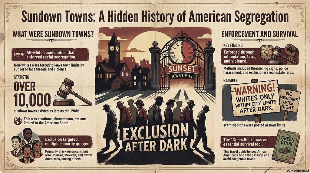 An illustrated poster titled “Sundown Towns,” explaining racially segregated towns in the United States, with images of warning signs, town gates, and historical enforcement practices.