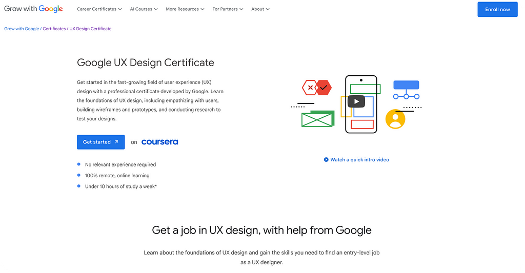 Google UX Certificate page