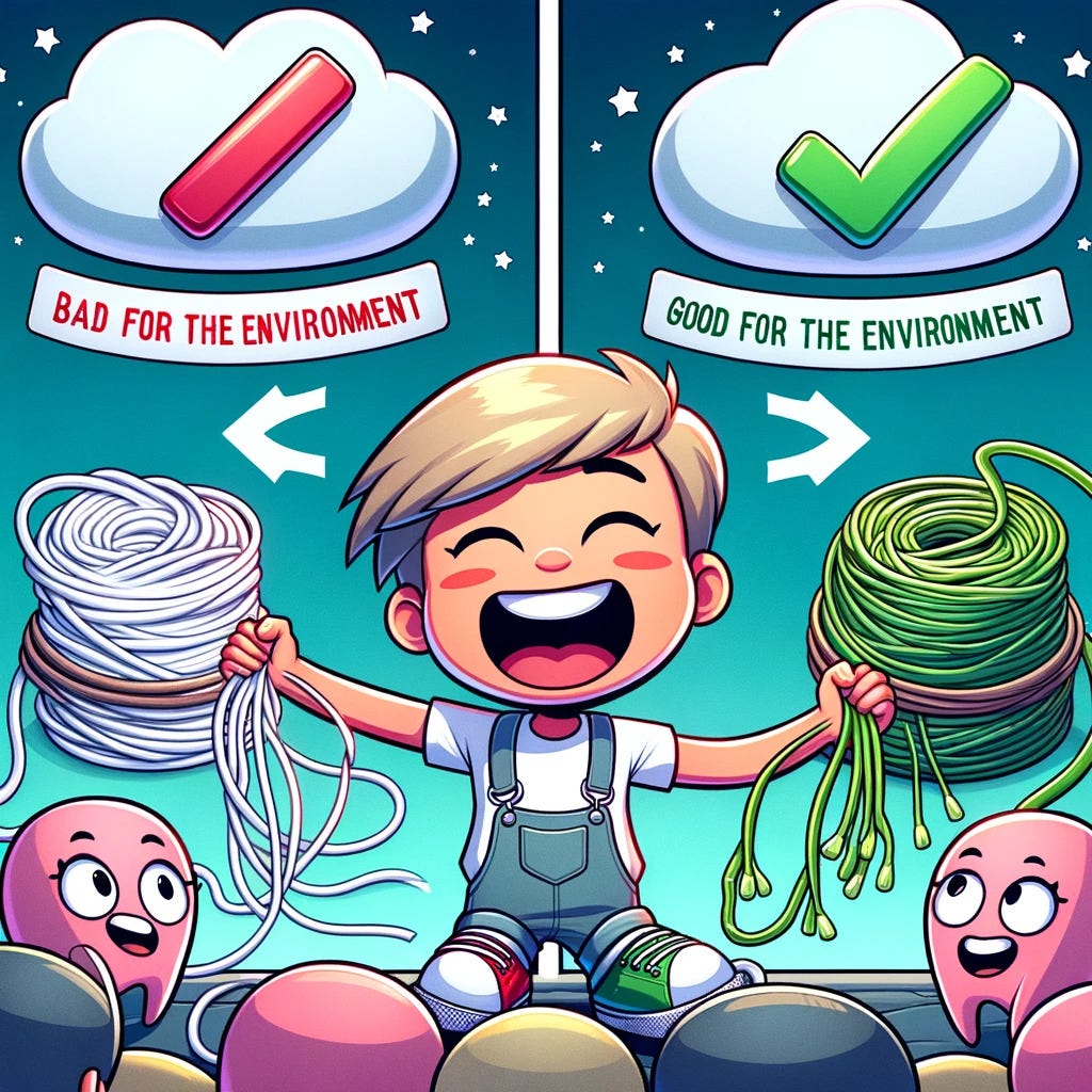 A cartoon image comparing traditional floss materials (like nylon and plastic) on one side to eco-friendly options (such as silk, bamboo, and corn-bas.jpg