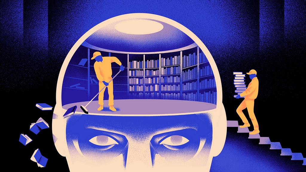 An graphic of two workers cleaning off and restocking the bookshelves in a brain.