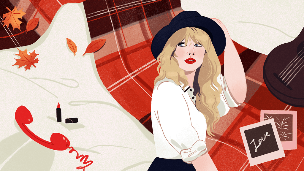 Taylor Swift Red album fan art digital illustration beautiful blonde girl in black hat autumn red scarf lipstick phone polaroid love