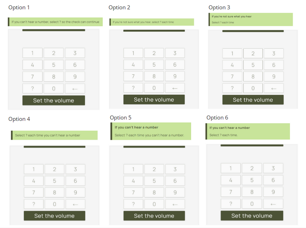 Screenshots of 6 different versions of screens from an online hearing check