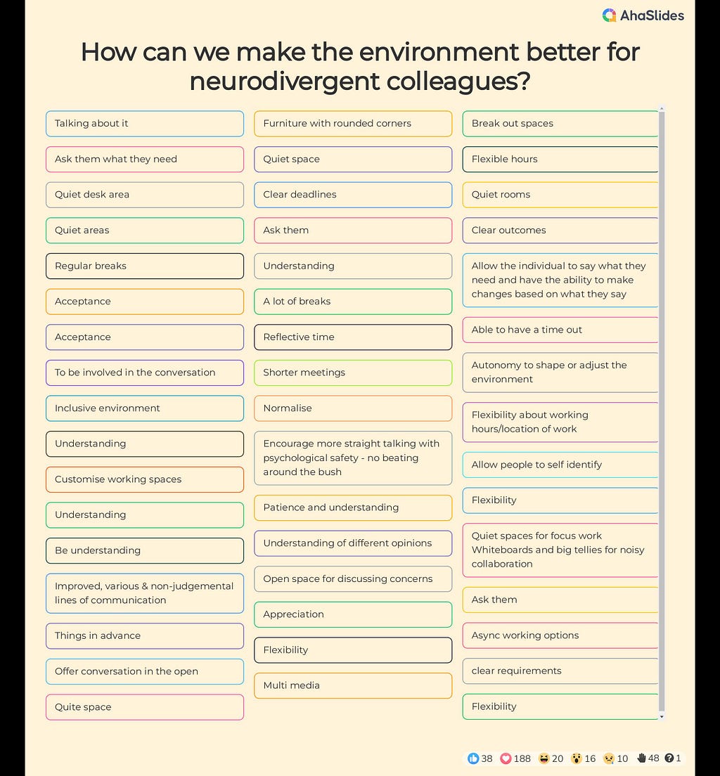 How can we make the environment better for neurodivergent colleagues?Full list in text as alt text is only 500 characters.