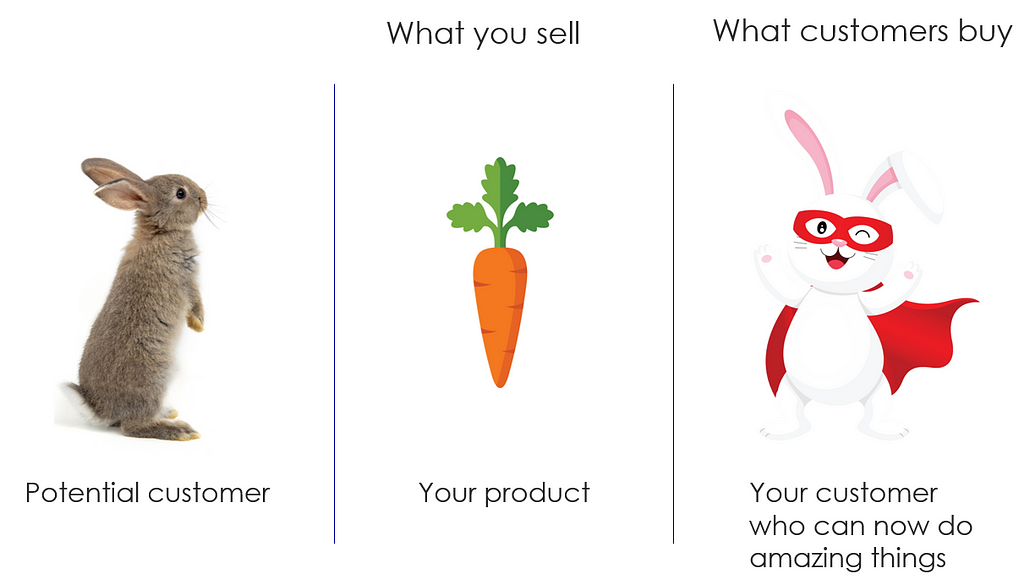 A photo of a real rabbit representing a potential customer. A carrot representing what you sell. A cartoon rabbit with a mask and cape representing what customers buy.