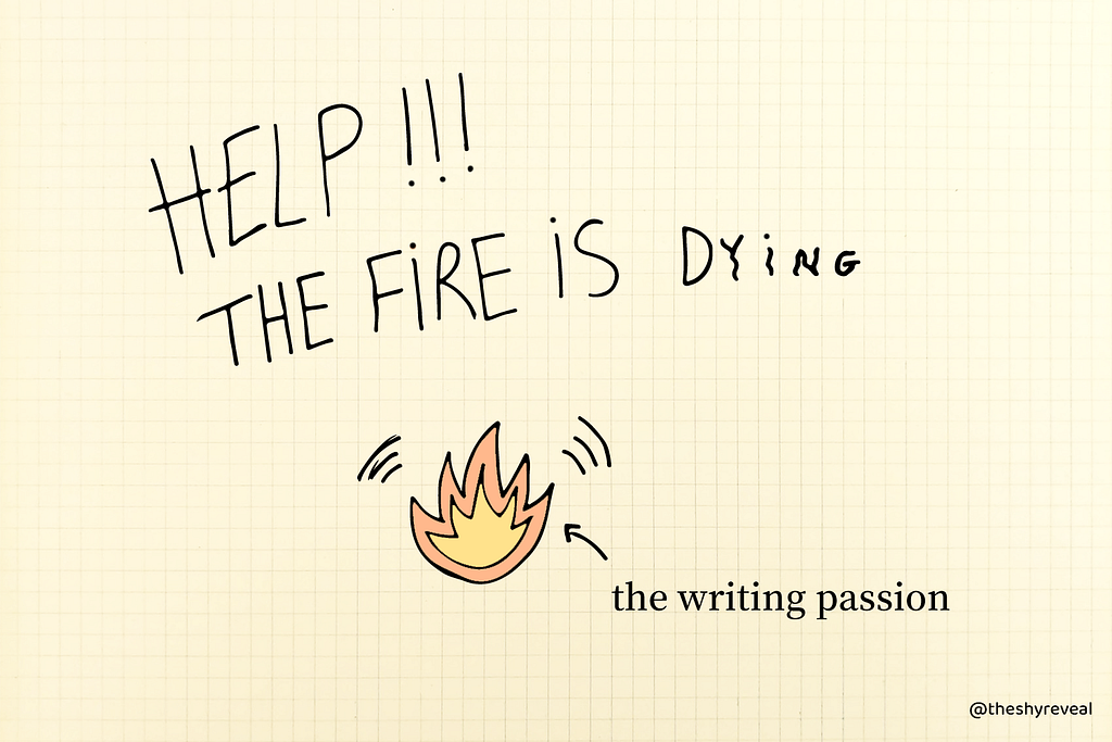 “Help!!! The fire is dying”. With a drawing of a little fire that represents the writing passion.