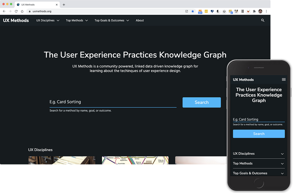 Desktop and mobile phone screenshots of the UX Methods web application, showing a dark-themed home page with a predominate search field.
