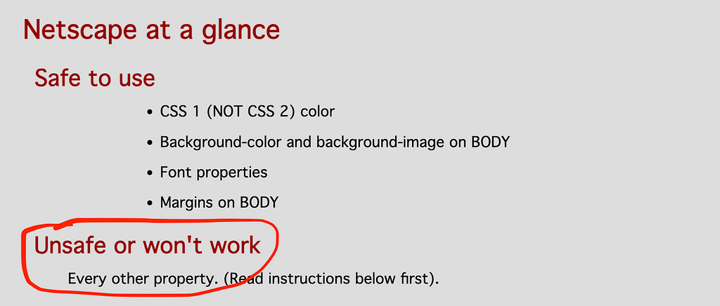 Screenshot of part of the page richinstyle.com showing summary of Netscape Navigator 4 bugs.