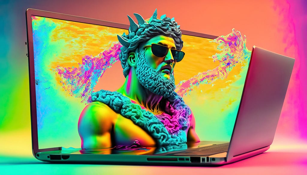 An abstract AI generated image of man in glasses that is surrounded by laptop screens