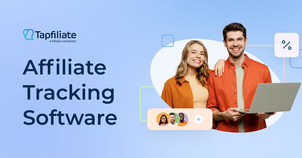 Two cheerful people with a laptop promoting affiliate software.