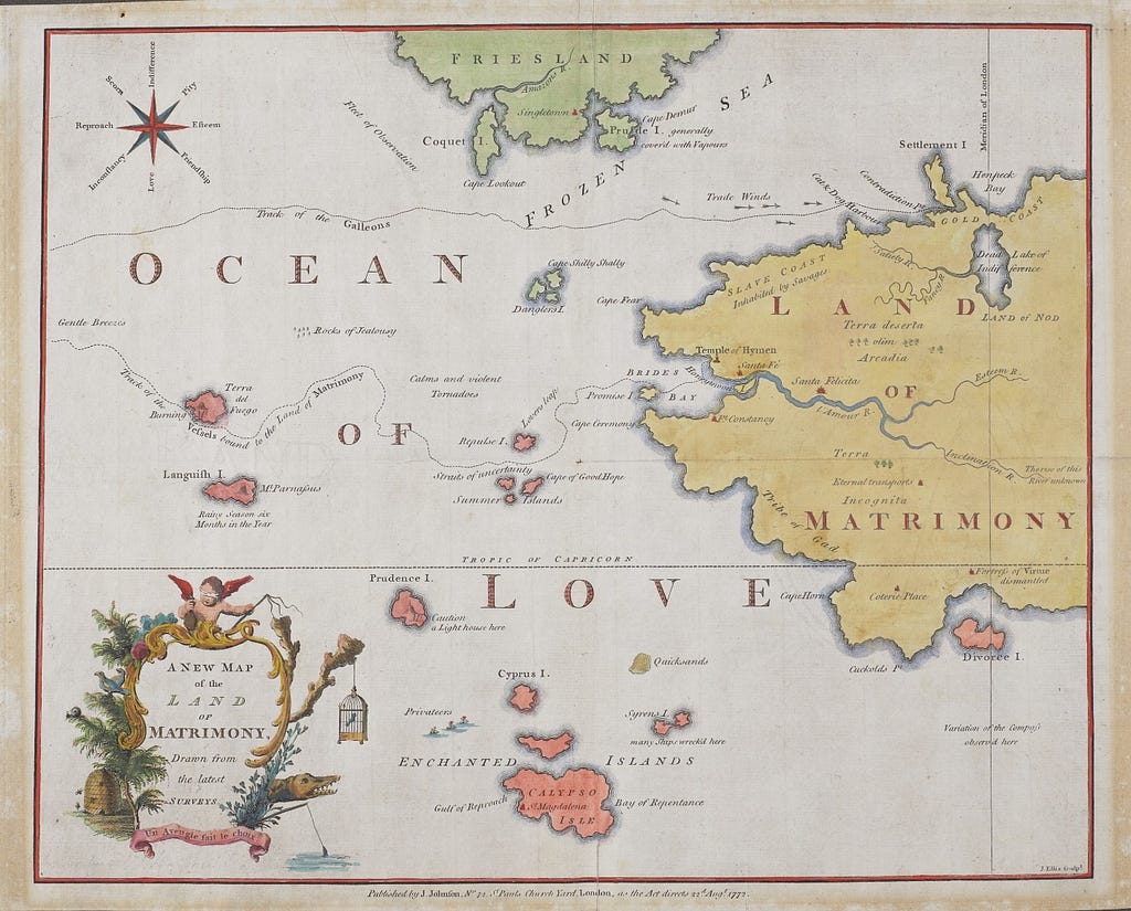 A fictional map where the land mass is labelled the Land of Matrimony and and the sea is labelled the Ocean of Love. Other features include Enchanted Islands and the Frozen Sea.